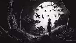 the silhouette of a woman standing in front of a full moon