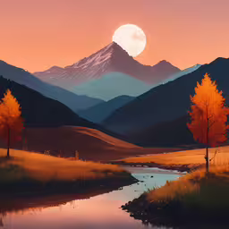 the painting shows a landscape of the mountains with a river and a moon above it,the sun is setting behind the mountain with trees on the bank
