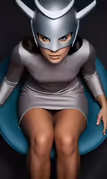 a woman with a helmet sitting on top of a chair