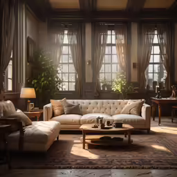 a very elegantly decorated living room is lit by the sunlight