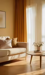 an empty living room has a white couch and wooden table