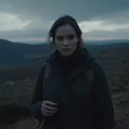 a woman standing on top of a grassy hillside
