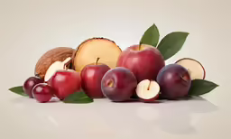 a pile of apples with leaves on a white background