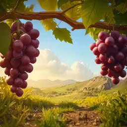 several grapes hang from a vine outside in the sunlight