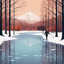 man with walking stick in the snow by a lake,a person standing in the snow with snow on the ground