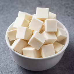 cubes of cheese sitting in a small bowl