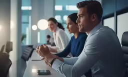 three men and a woman in an office are on the phone