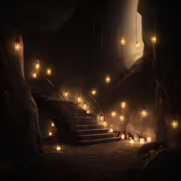 several candles in front of a stairs and steps