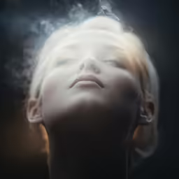 a young girl is smoking and staring up at the sky