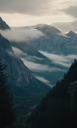 a mountain scene with fog in the valley