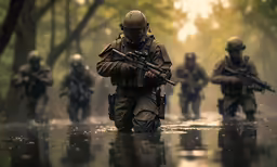 soldiers in protective clothing, in the rain