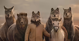 four men standing around all kinds of animals