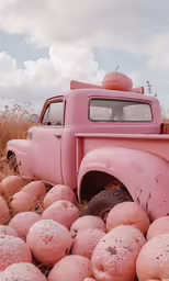 a pink truck with a large pile of pink eggs