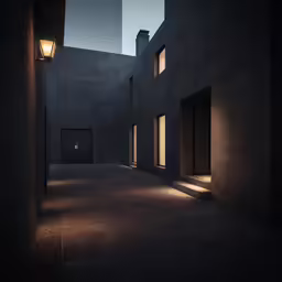 a dimly lit building is seen with lights shining on it