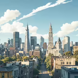 a city skyline from above and trees on the side of the road