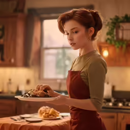 a woman in an orange apron holding a plate of food