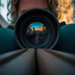 the view through the lens of a photographer looking at a city