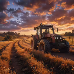 a tractor is moving in a dirt field