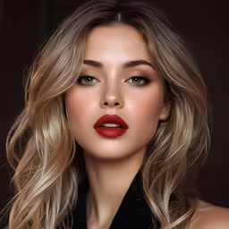 a beautiful blonde woman with dark red lipstick