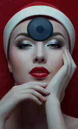 a woman with black and red makeup and a head piece