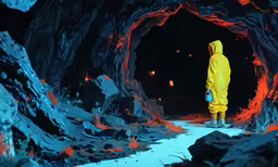 a man in a yellow rain suit is walking through a dark cave