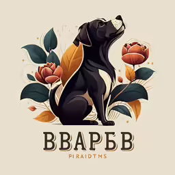 an old - fashioned logo with a dog, and flowers in the background
