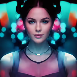 a woman posing with glowing circles in the background