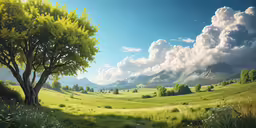 a painting of a tree and mountains with green grass in front