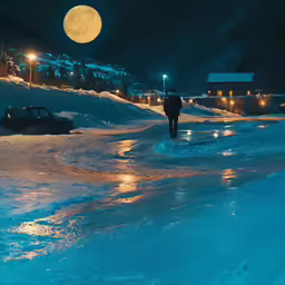 the person walks across a snowy street in front of houses