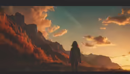 the woman stands on the hill in front of a sunset