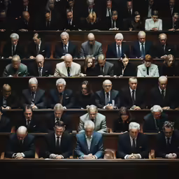 a group of men sitting in front of chairs with lots of men on the rows behind them