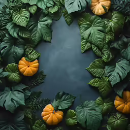 a circle made out of green leaves and oranges