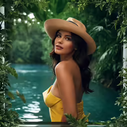 the girl is wearing yellow in front of the pool