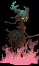 an animation of the witch riding on her broom over fire