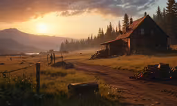 there is a house in the middle of a field near some trees,a rural road that has a cabin in the distance