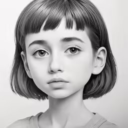 black and white drawing of a young girl with bangs