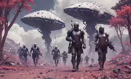 a group of people walking down a dirt road