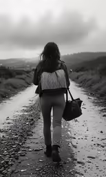 woman carrying her purse on the wet road