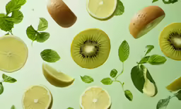 some slices of a kiwi fruit surrounded by leaves