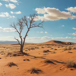 the desert is mostly barren and there are sparse bushes and trees