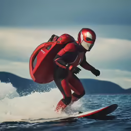the man is standing on his surfboard wearing red clothes