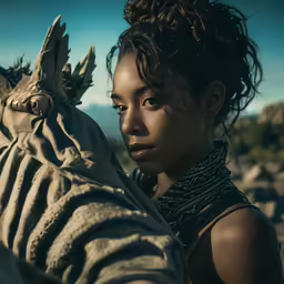 young girl standing with an animal in the desert