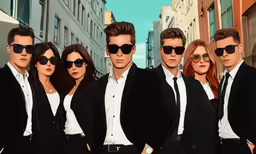 six people with sunglasses on their faces standing in front of buildings