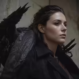a woman wearing black with large black feathers
