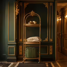 a room with green walls, gold accents and an iron shelving