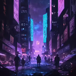 people walk down an alley with buildings and neon lights