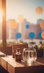 an empty bottle and a wine glass sitting on a table