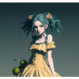 a girl with blue hair is dressed in a frilly dress