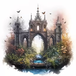 a painting of an old gate with a waterfall going into it