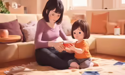 a little girl feeding her mom in the living room